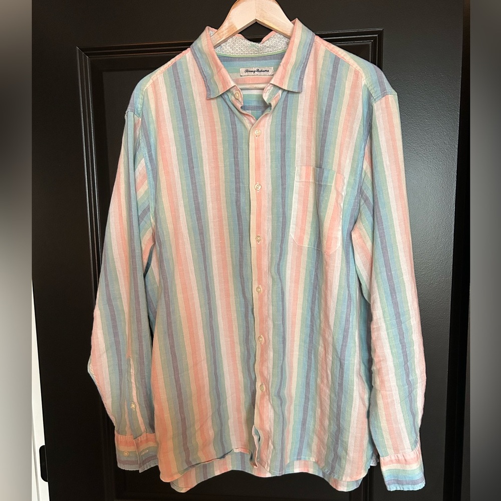Tommy Bahama Men's linen blend Sunset Pier Stripe pastel button down size XL